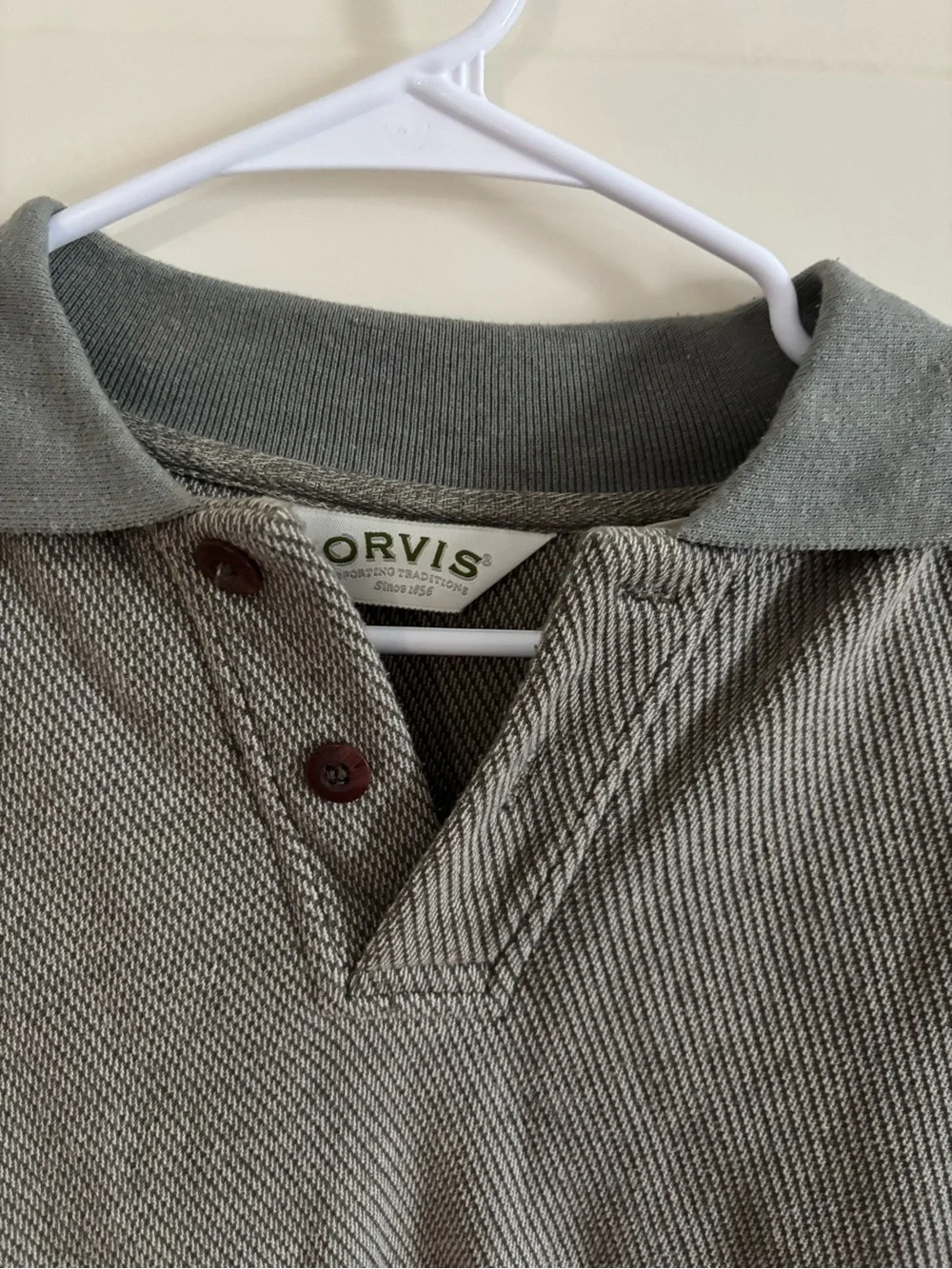 Orvis Men's Light Gray V-Neck Polo Sweater with brown leather elbow patches